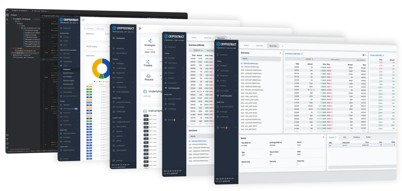 CryptoStruct trading platform screenshots: dashboard, order management and analytics
